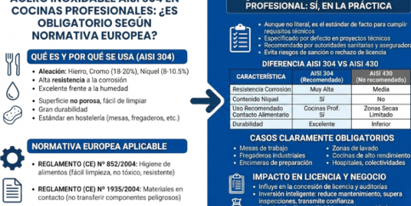 ¿Es obligatorio usar acero inoxidable AISI 304 en cocinas profesionales según la normativa europea?