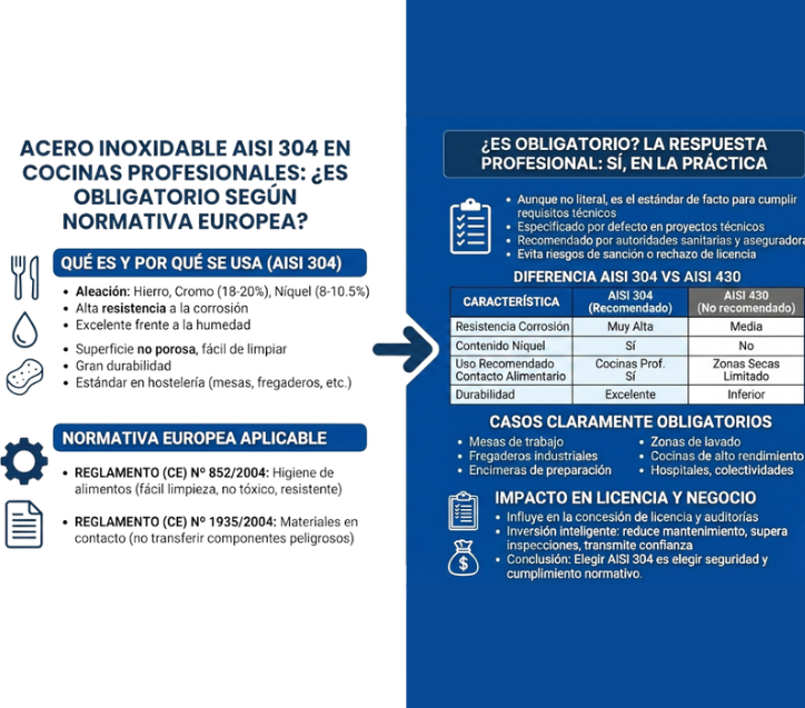 ¿Es obligatorio usar acero inoxidable AISI 304 en cocinas profesionales según la normativa europea?